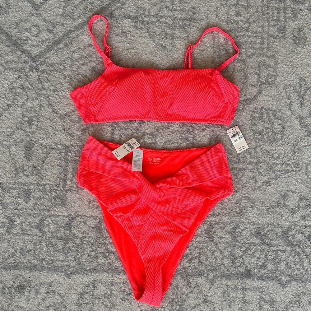 Aerie bright pink / coral Bikini Set – Adjustable Top & High-Waist Bottom